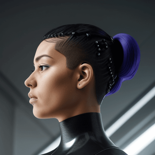 AI generated: photograph of futuristic person with a futuristic hairstyle, the person is in profile, three-quarter...