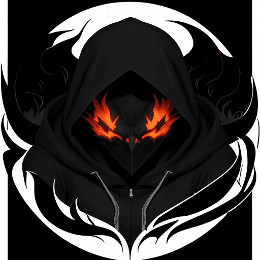 AI generated: The image features a stylized logo of a hooded shadow killer character, dark flames, with a white bo...