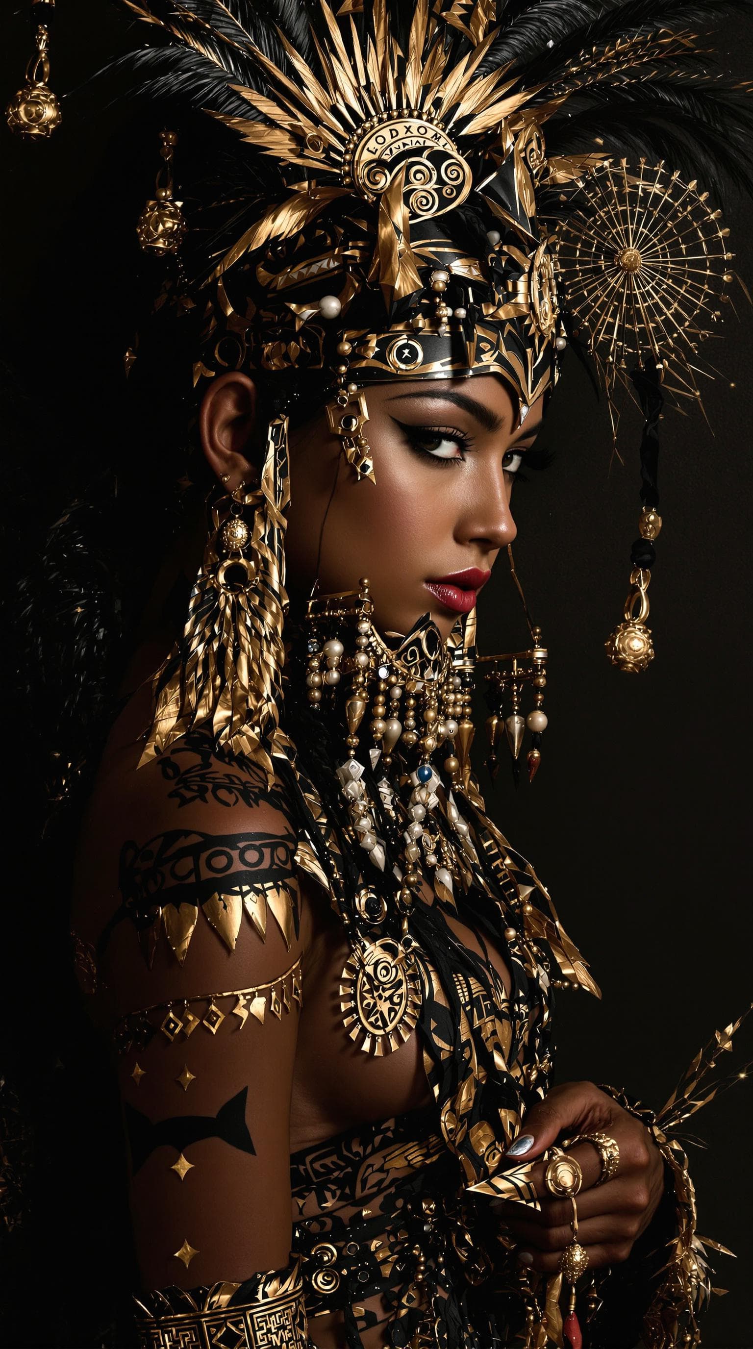 AI generated: A hyper-realistic full-body portrait of a European girl adorned in Maori-inspired symbolic attire, s...
