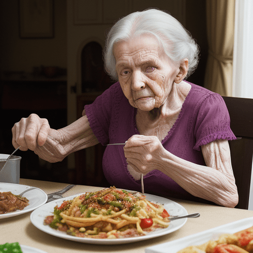 AI generated: High resolution photography, disgusting woman, 90 yo, sabbering in front of a meal