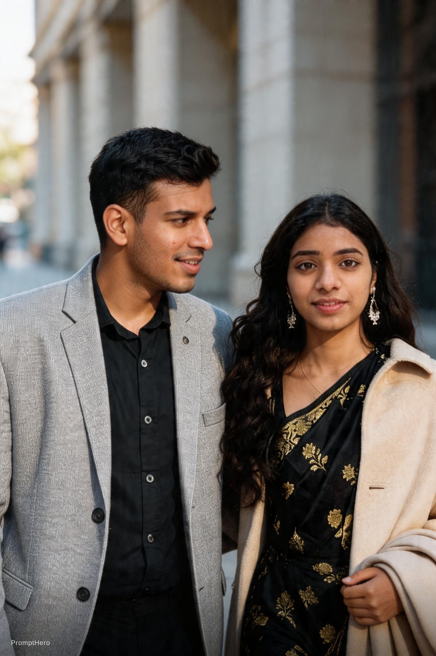 AI generated: A cinematic candid medium shot portrait of a man and a woman walking side by side along a bright urb...