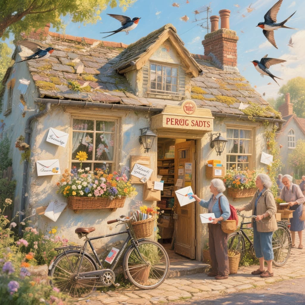 AI generated: A quaint village post office on a bright summer morning, with flower boxes under the windows and bic...