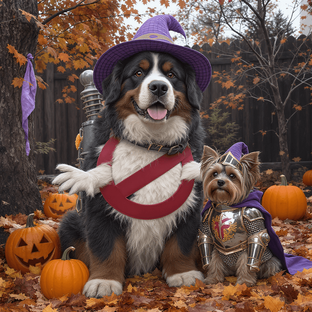 AI generated: Create a highly detailed photograph of a much bigger Bernese Mountain Dog and a Yorkshire terrier dr...