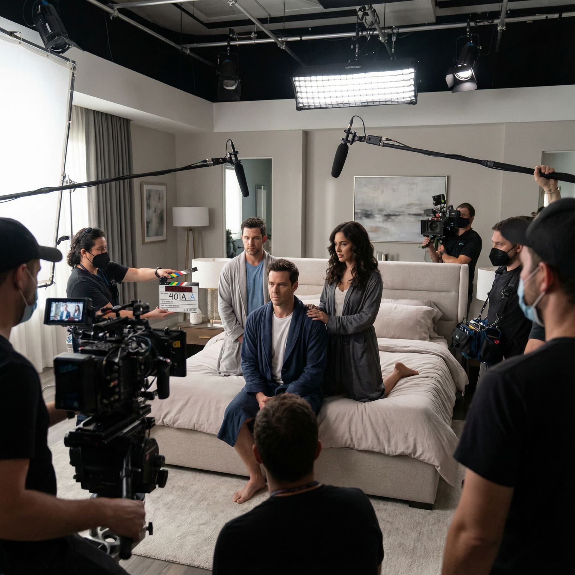 AI generated: Create a realistic 8K photo of a porn movie shoot. It's a threesome with 3 men and a women. She has ...