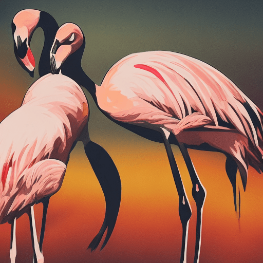 AI generated: two flamingos are in love in a sunset, concept art. high quality
