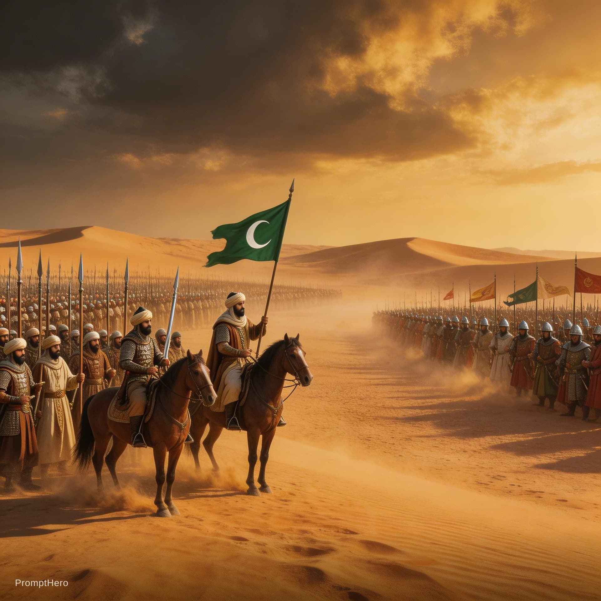AI generated: Two great armies facing each other in the Arabian desert, 5th century AH, Muslim army with disciplin...