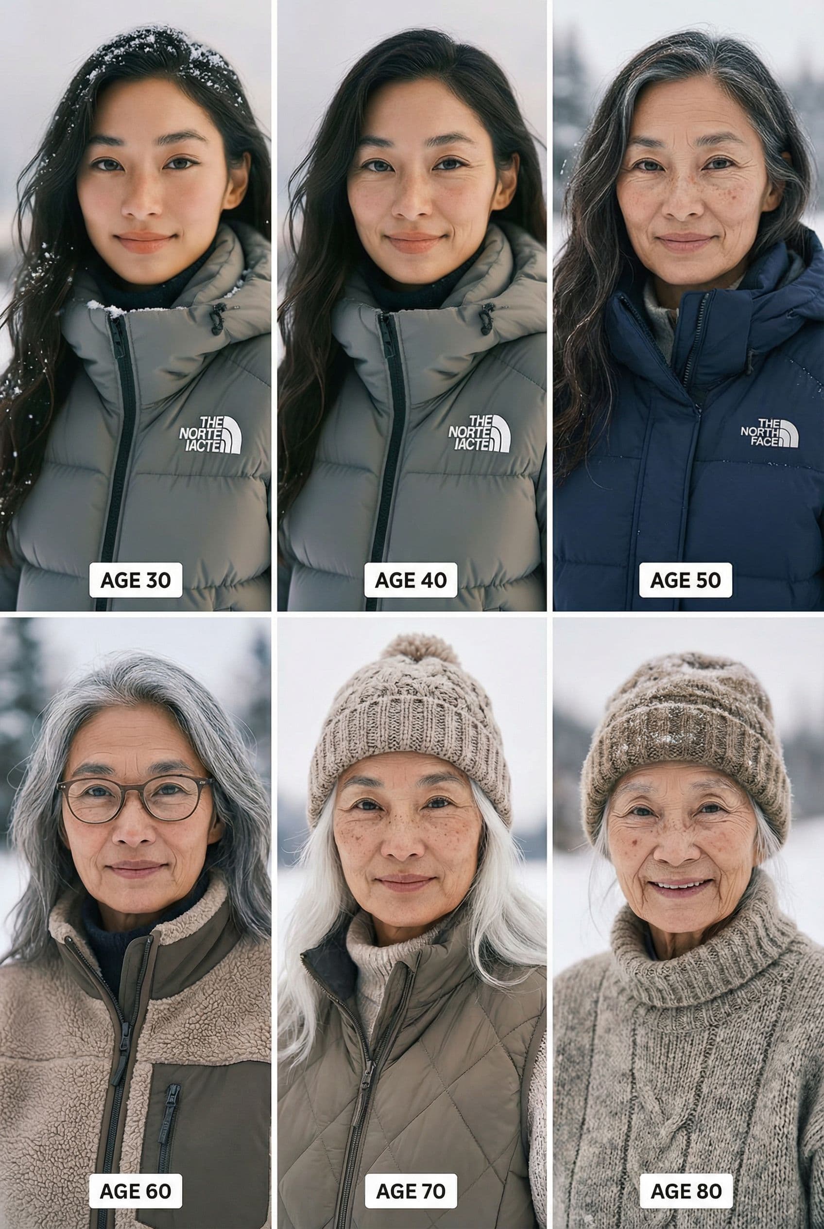 AI generated: Show this person at ages 30, 40, 50, 60, 70, and 80