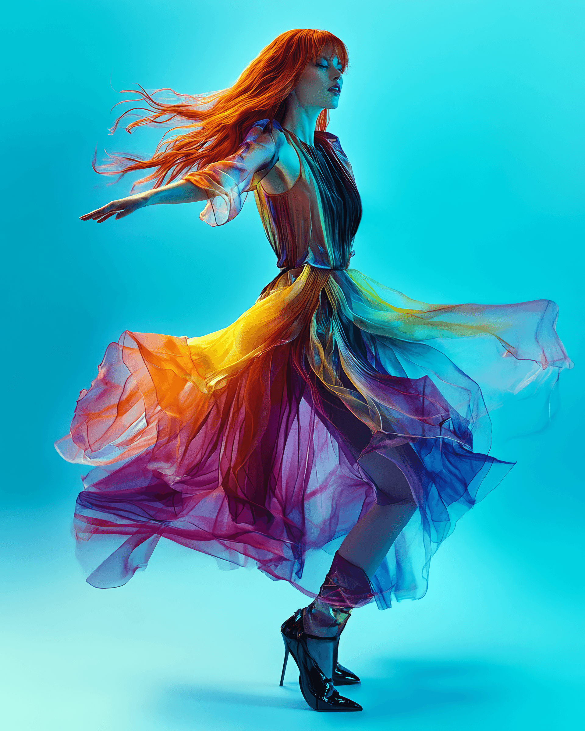 AI generated: A fashion magazine photo of an attractive woman in her thirties. She is wearing a colorful gradient ...