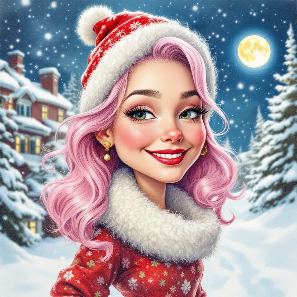 AI generated: Caricatures pencil drawing, cute woman, pink & platinum hair, mid-20's dressed in festive Christmas ...