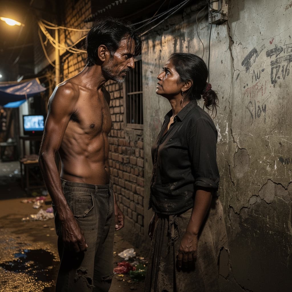 AI generated: dark night in Indian slum :-a serious scene : a very poor villan with extremely angry and serious ex...