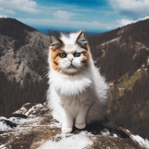 AI generated: fluffy cat on a mountain top with snow jumping on camera lens