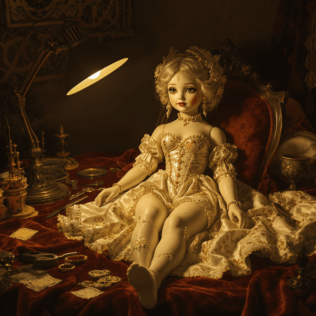 AI generated: A handcrafted female figure made of painted porcelain and silk, half-assembled on a velvet-covered w...