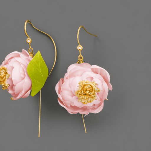 AI generated: a light pink peony, with a lime green stem with some leaves, and on the stem hanging two earrings wi...