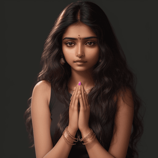 AI generated: A young  indian woman with long wavy brunette hair rests her head on her clasped hands. She wears a ...