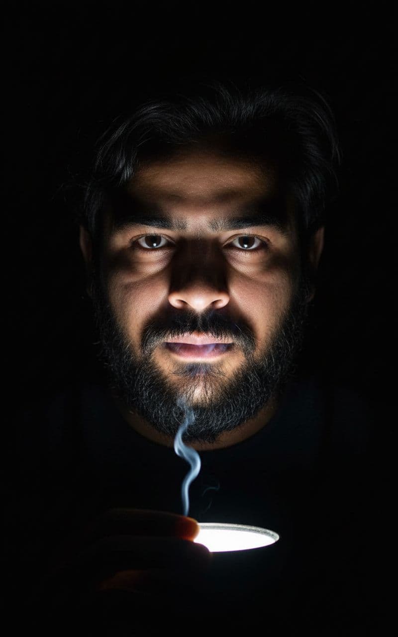 AI generated: A close-up portrait of a man with dark, messy hair and a beard, illuminated by a single, dramatic li...