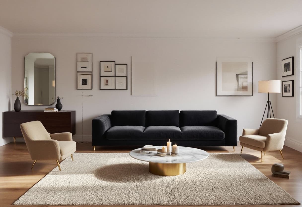 AI generated: Add a deep gray velvet sectional sofa facing the window, a round marble coffee table with golden leg...