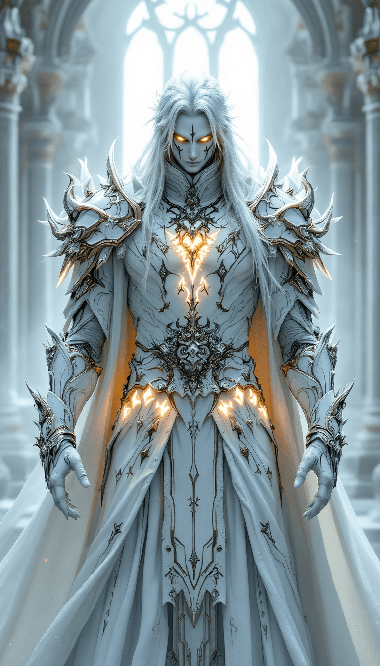 AI generated: all white, white final fantasy, male, mage, priest, white body skin, fantasy big white color full bo...