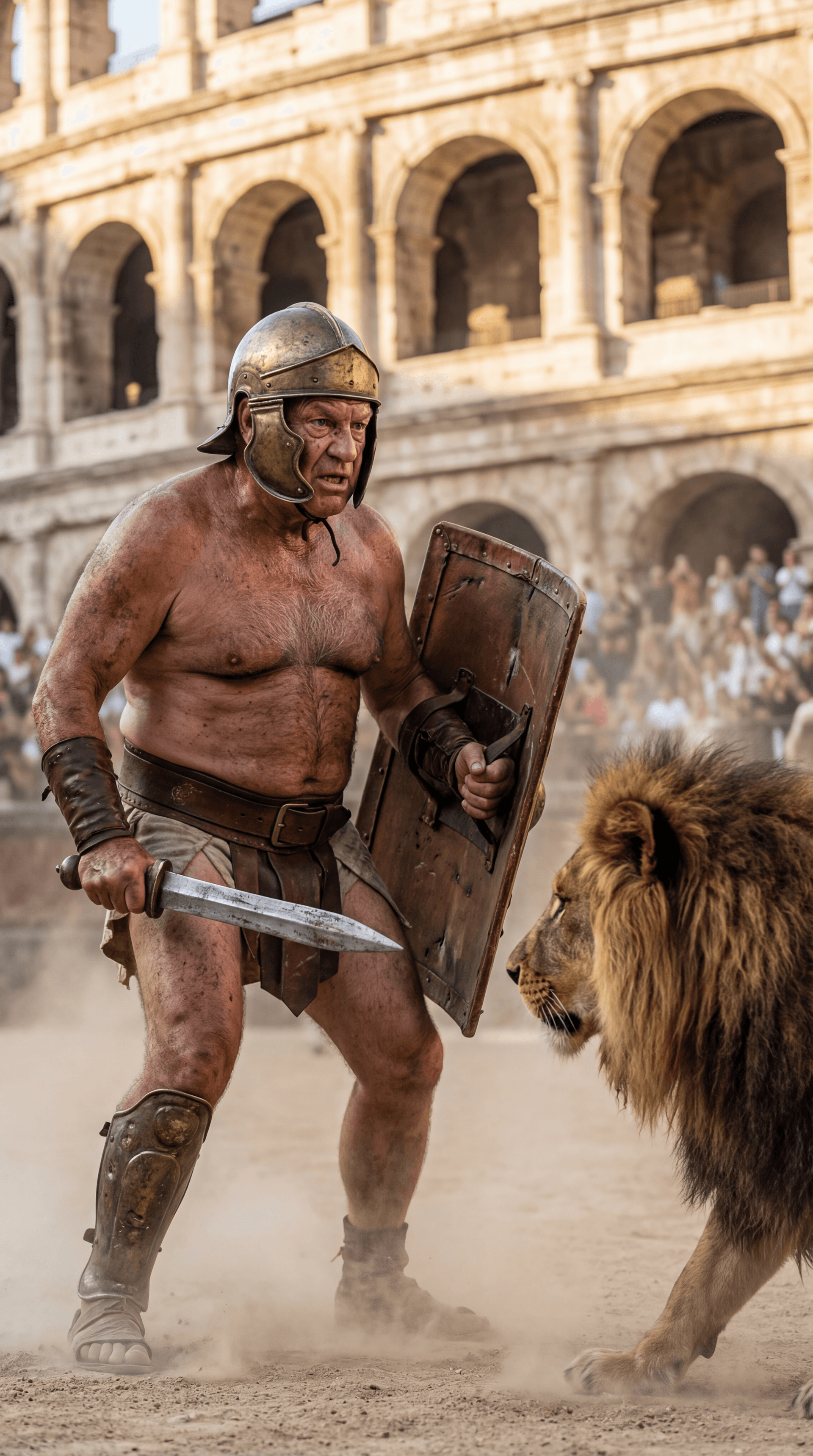 AI generated: Ultra-realistic documentary-style action photography inside the Roman Colosseum, bathed in warm gold...