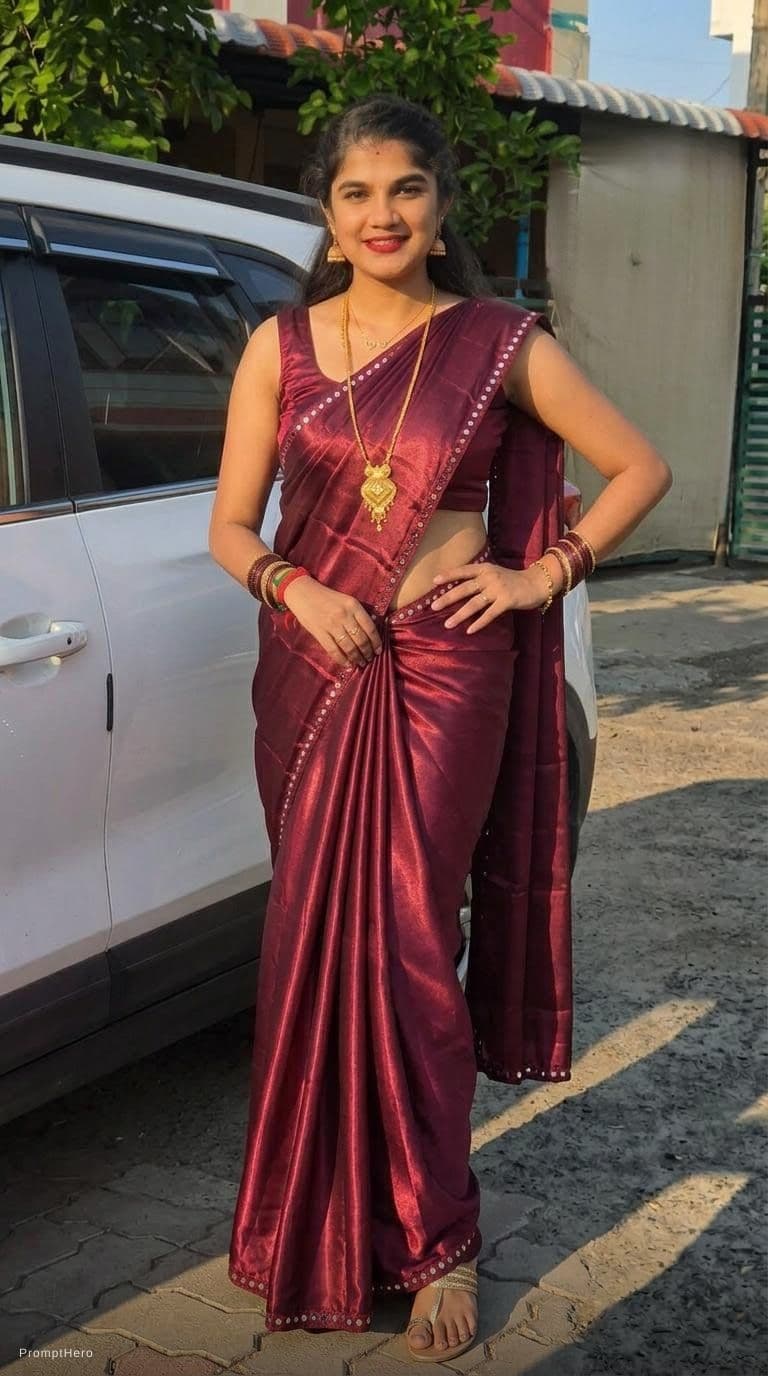 AI generated: Tamil girl. modern sexy glossy mirror saree, wearing saree saree saree model. glossy mirror saree Na...
