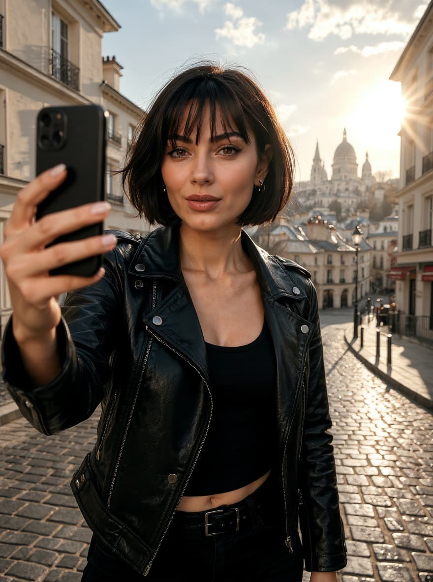 AI generated: Ultra-realistic selfie photo of a stylish European woman in Montmartre, Paris. She has fair skin, wa...