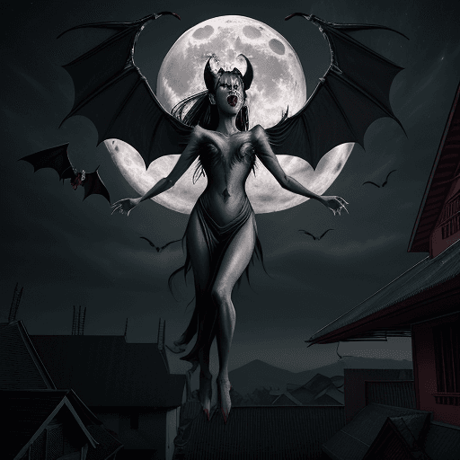 AI generated: Manananggal, female half-body (no lower body part) monster with bat-like wings and fangs, flying nea...