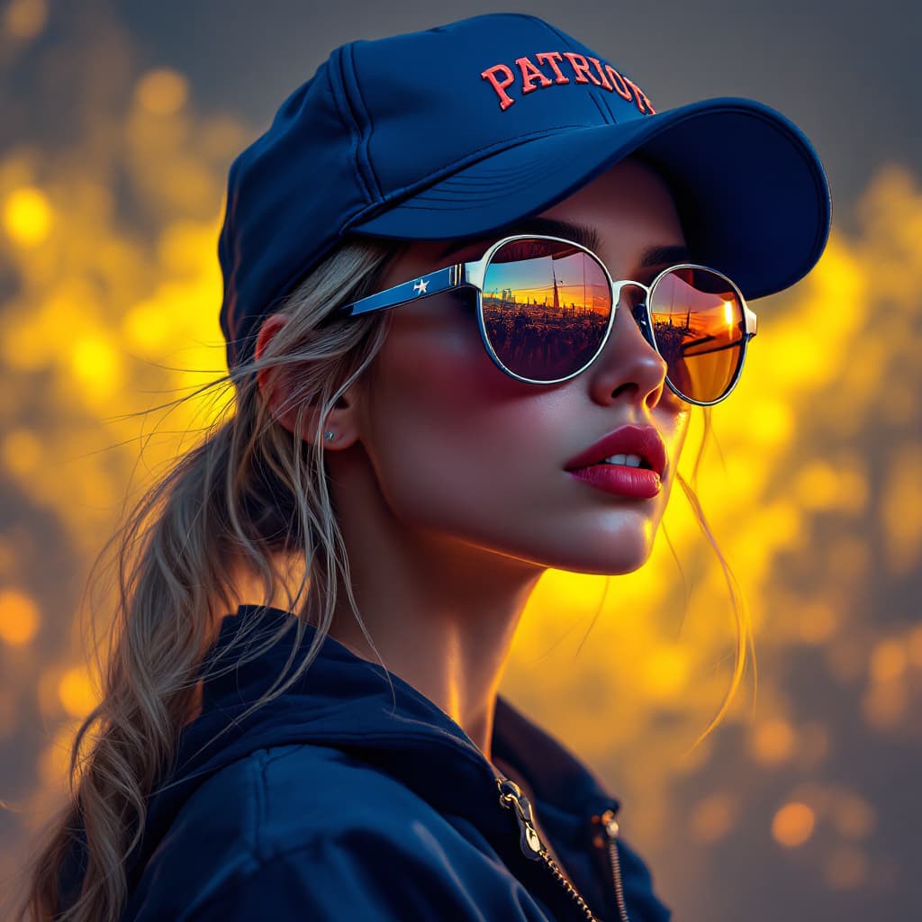 AI generated: a stunning girl wearing blue caps and sunglasses, logo Patriots, in the style of otherworldly illust...