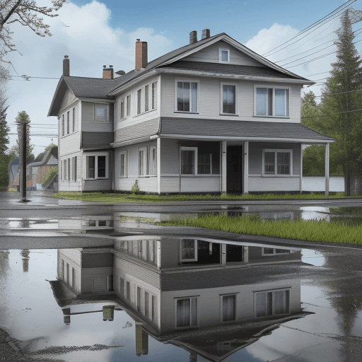 AI generated: realistic photo of a two-story corner building, on the asphalt road in front of the house there is a...