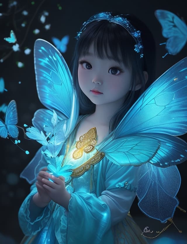 AI generated: light blue Luminous and iridescent litlle asain girl has a beautyful butterfly wing, happy still a l...