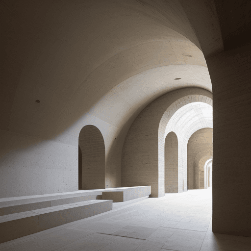 AI generated: rustic, subterranean museum, curvaceous, organic architecture interior raw limestone blocks, and sta...