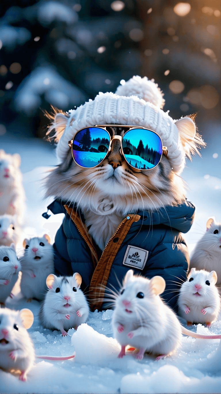 AI generated:  In the snow, there is an ice field with many mice standing on it. A real cute persian cat wearing S...