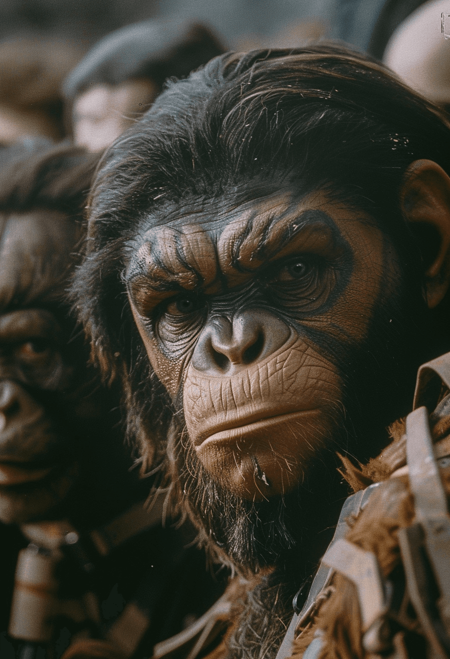 AI generated: A behind the scenes photo of the original Planet of the Apes movie with depth, shot on film and take...