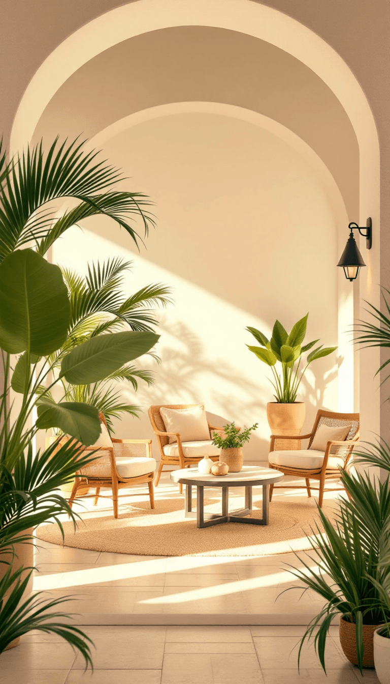 AI generated: photo of a gorgeous sunlit indoor patio of a spanish finca, mallorca, tropical, palmtrees, summertim...