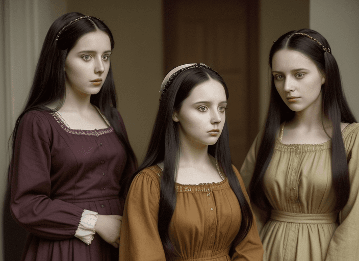 AI generated: Pictorialist photograph. The three daughters of King Lear are standing close together and talking: T...