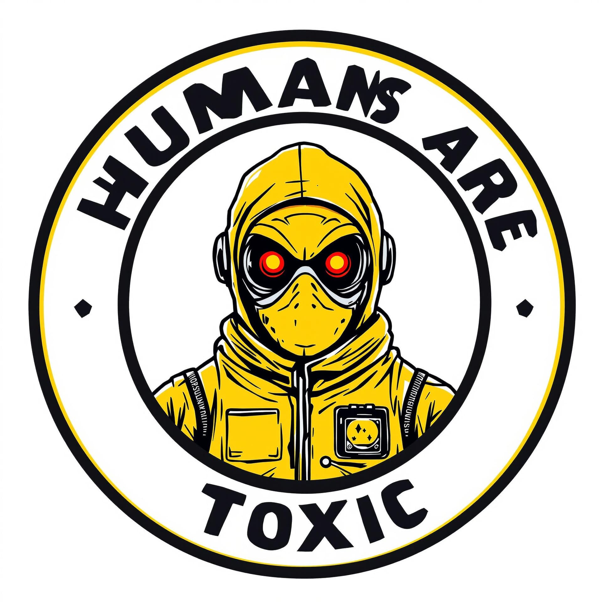 AI generated: a logo of a crazed yet fun loving Robot in a hazmat suit, in the center of a circle, with the words ...
