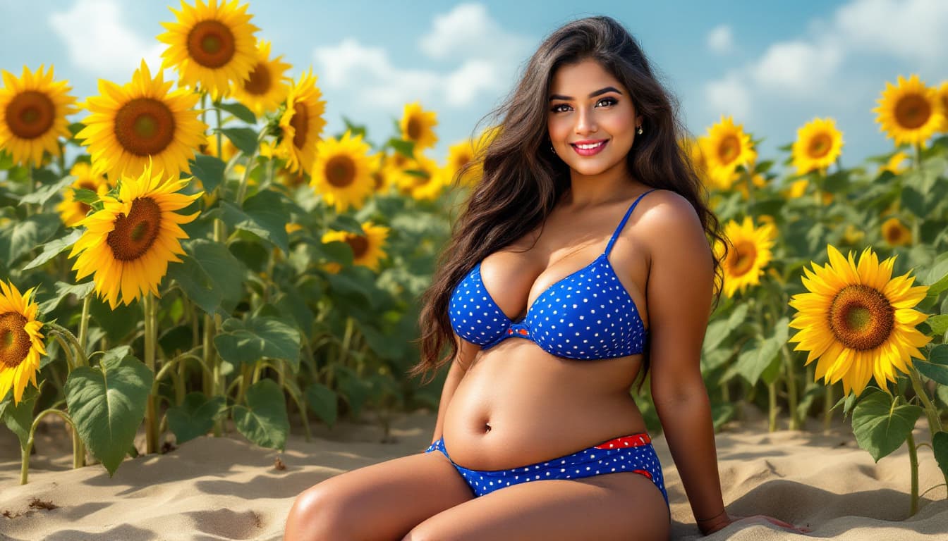 AI generated: hot Indian sexy medium plus size woman full image bikini slim smooth belly puffy naval woman full pi...