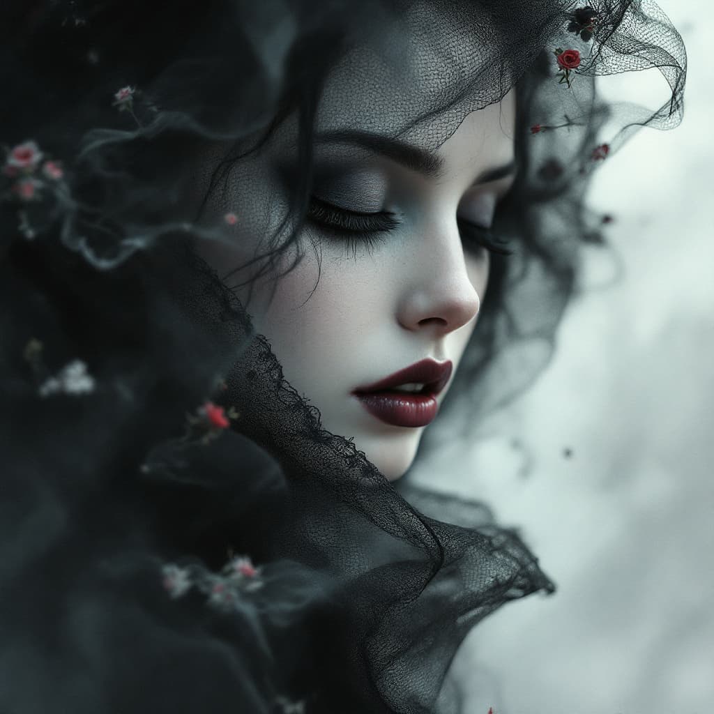 AI generated: Surrealist portrait. Close-up. A gothic vampire woman with closed eyes surrounded by soft ethereal s...
