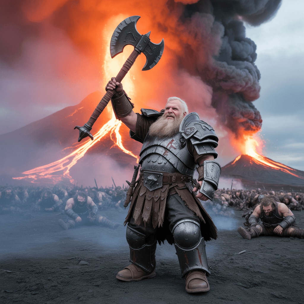 AI generated: Dwarf raising battle axe in victory over orken army in front of erupting vulcano
