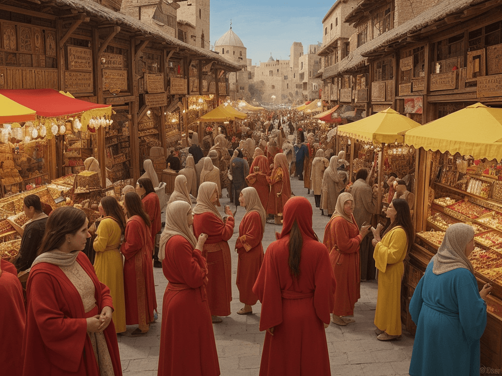 AI generated: a painting of a bustling medieval marketplace in a Middle Eastern city. The two women in the foregro...