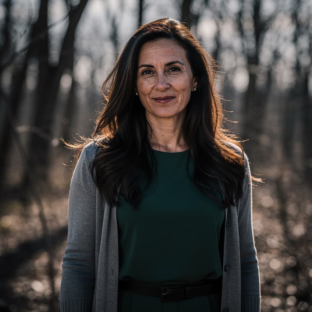 AI generated: cinematic image with dark shadows and high contrast,

A middle-aged woman with long, dark brown hair...
