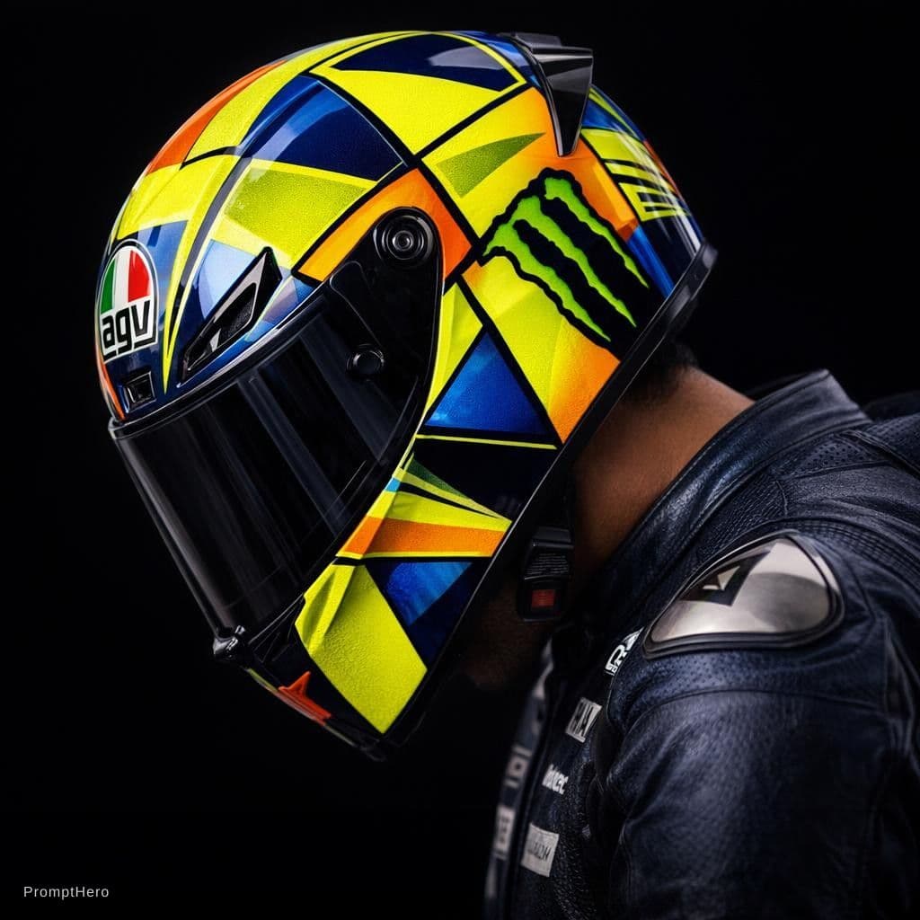 AI generated: A hyper-realistic close-up photograph of a professional motorcycle racer in profile, head bowed slig...