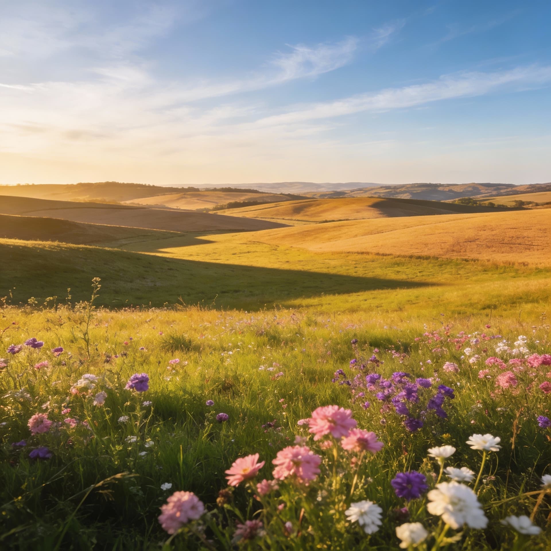 AI generated: wide field, open meadow, prairie view, pastoral landscape, golden hour field, lush grassland, rollin...