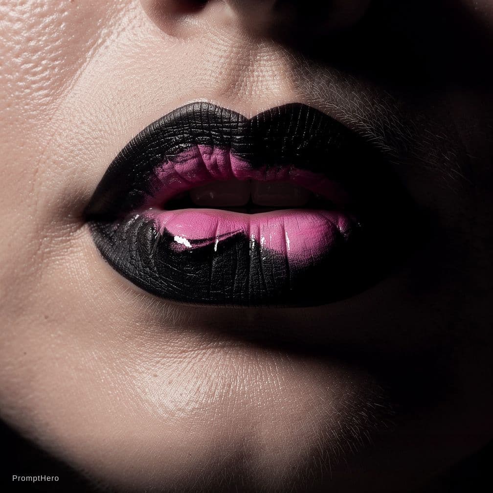 AI generated: Close-up vertical portrait of a human lips with bold, deep black lipstick accented by soft gradient ...