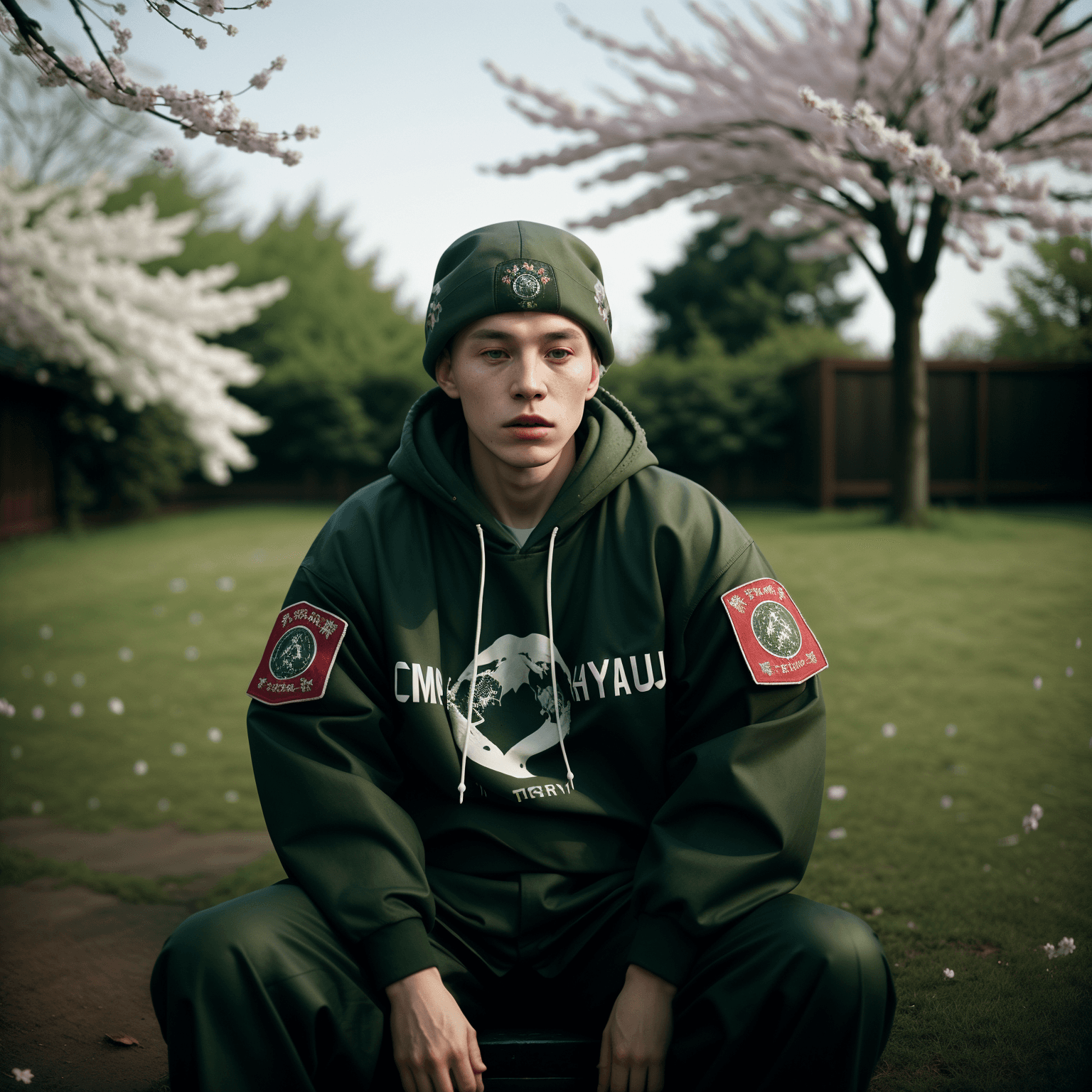 AI generated: (Mamiya photography) (grainy film) cinematic (film still), gopnik thug sportswear sitting surround b...