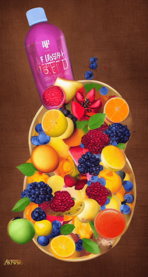 AI generated: a bowl full of freshly cut fruit can be seen, with a colorful dietary supplement bottle or box next ...