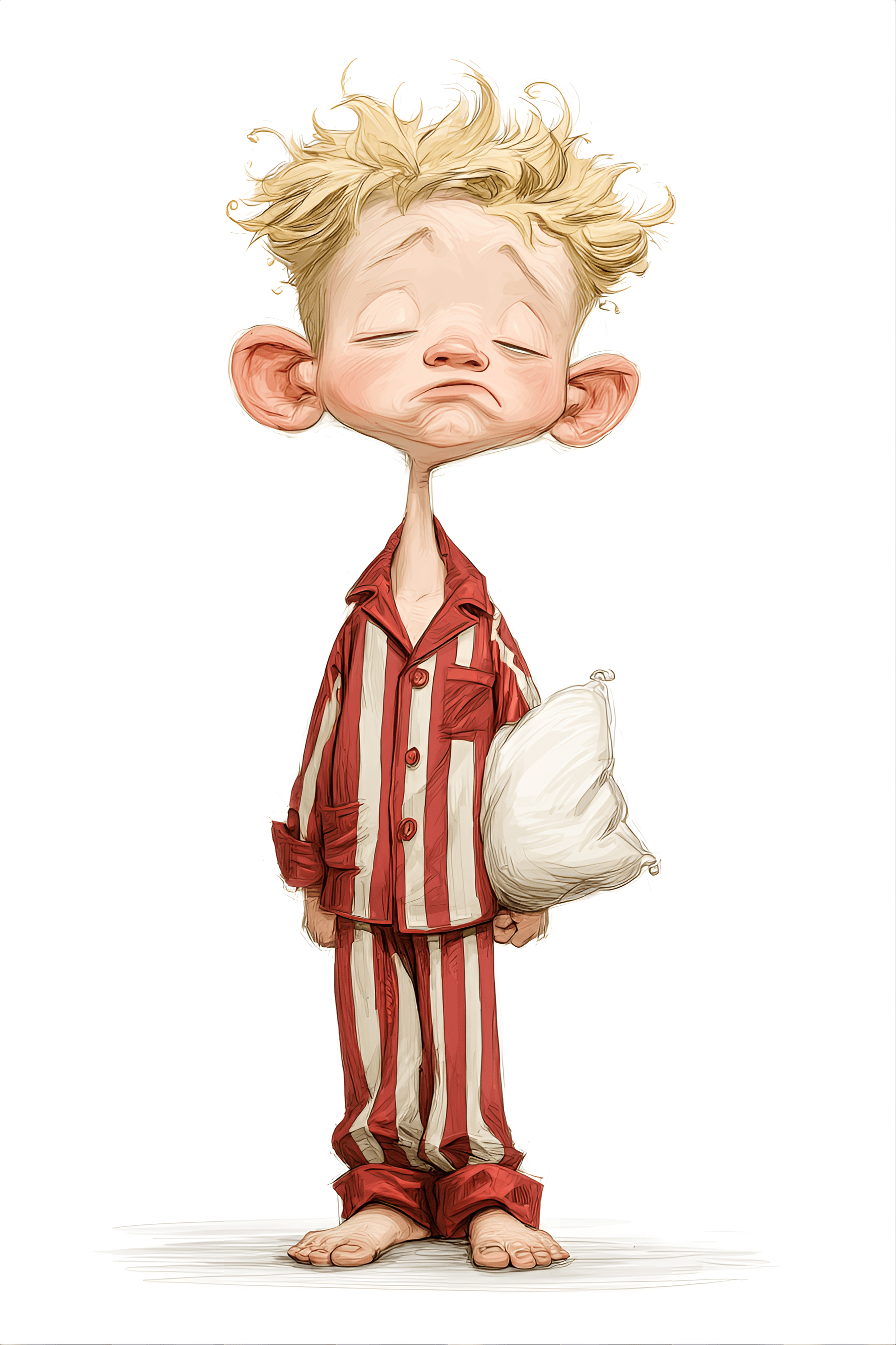 AI generated: funny caricature, sleepy cartoon boy, male, unspecified ethnicity, 6 years old, blonde-haired, droop...
