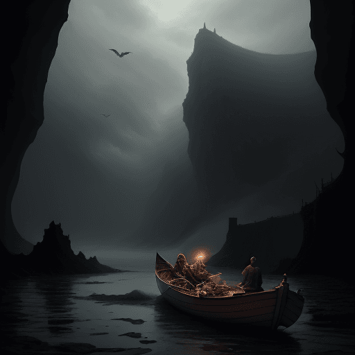 AI generated: a rose in a boat floating on rushing lavain hell.Skeleton in boat rowing.demons on cliff above screa...
