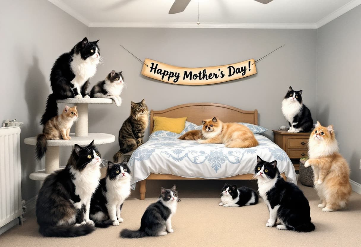 AI generated: Create a drawing of a black and white tuxedo cat, 3 Himalayan cats and a tabby cat. Also have a blac...
