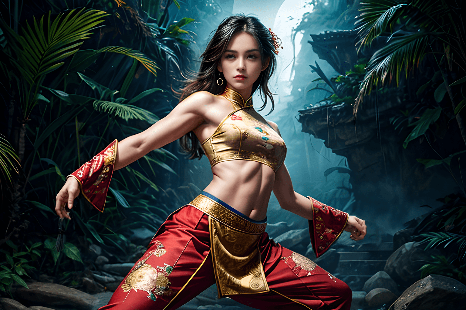 AI generated: amazingly detailed, masterpiece, ultra hd, dynamic angle, kung fu warrior, training, practicing, sai...