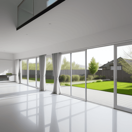AI generated: modern house in Baushaus style, big windows towards a nice clean garden with appletrees, 2 storey bu...