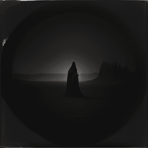 AI generated: perfect composition, strictly in the center of the sheet, mysterious landscape minimalist monochroma...